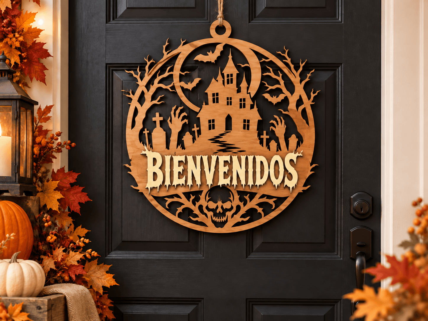 Cartel de Halloween para puerta con casa encantada