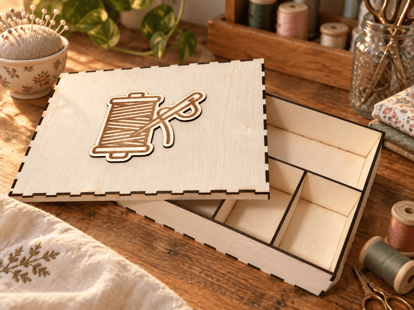 Caja de costura cerrada con tapa decorada