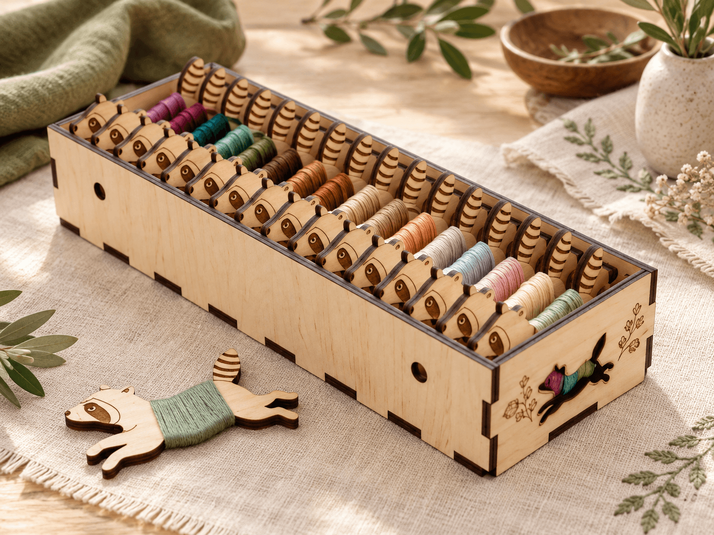 Portabobinas de madera con compartimentos para hilos