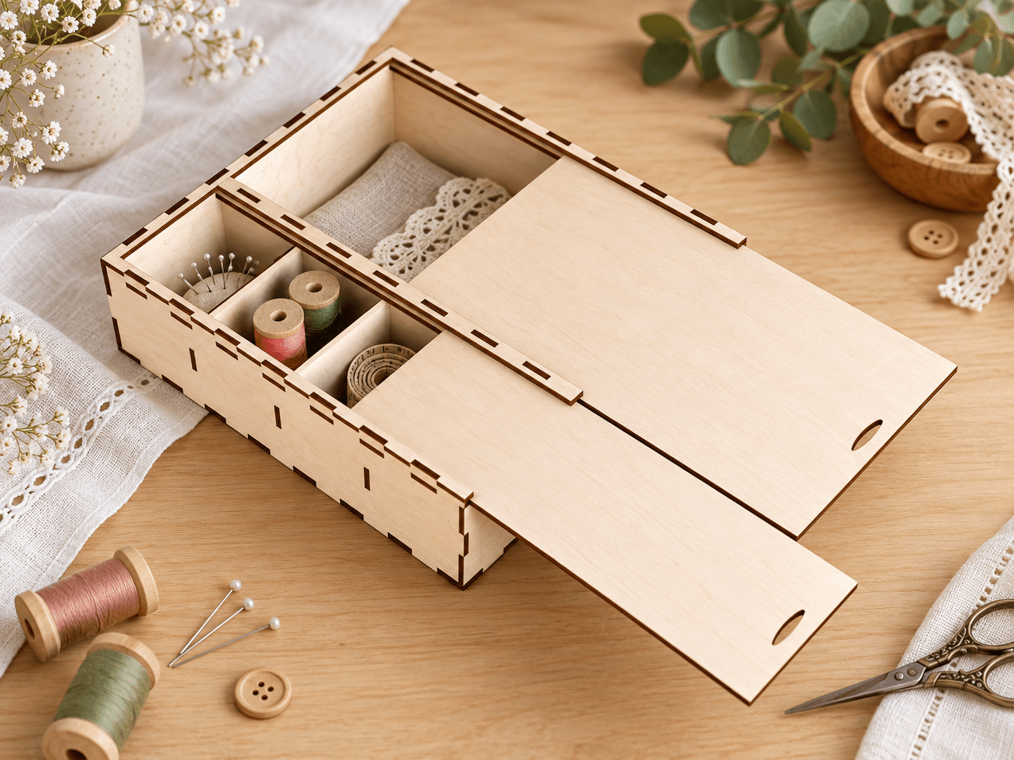 Caja organizadora de costura para bobinas y herramientas